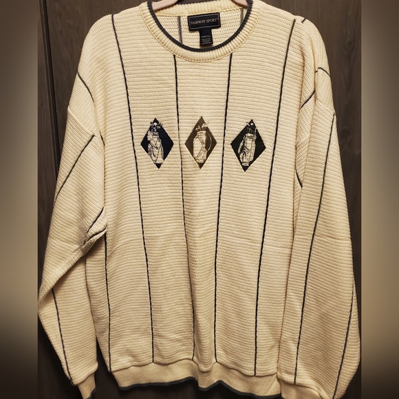 90s Vintage Textured Ivory Sweater Large Embroidered 100% Cotton Golf Sweater - Picture 9 of 9